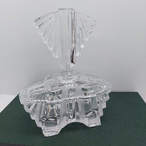 Vintage Art Glass Clear Glass Trinket Pot Fan Shape Lid Vanity Dressing Table